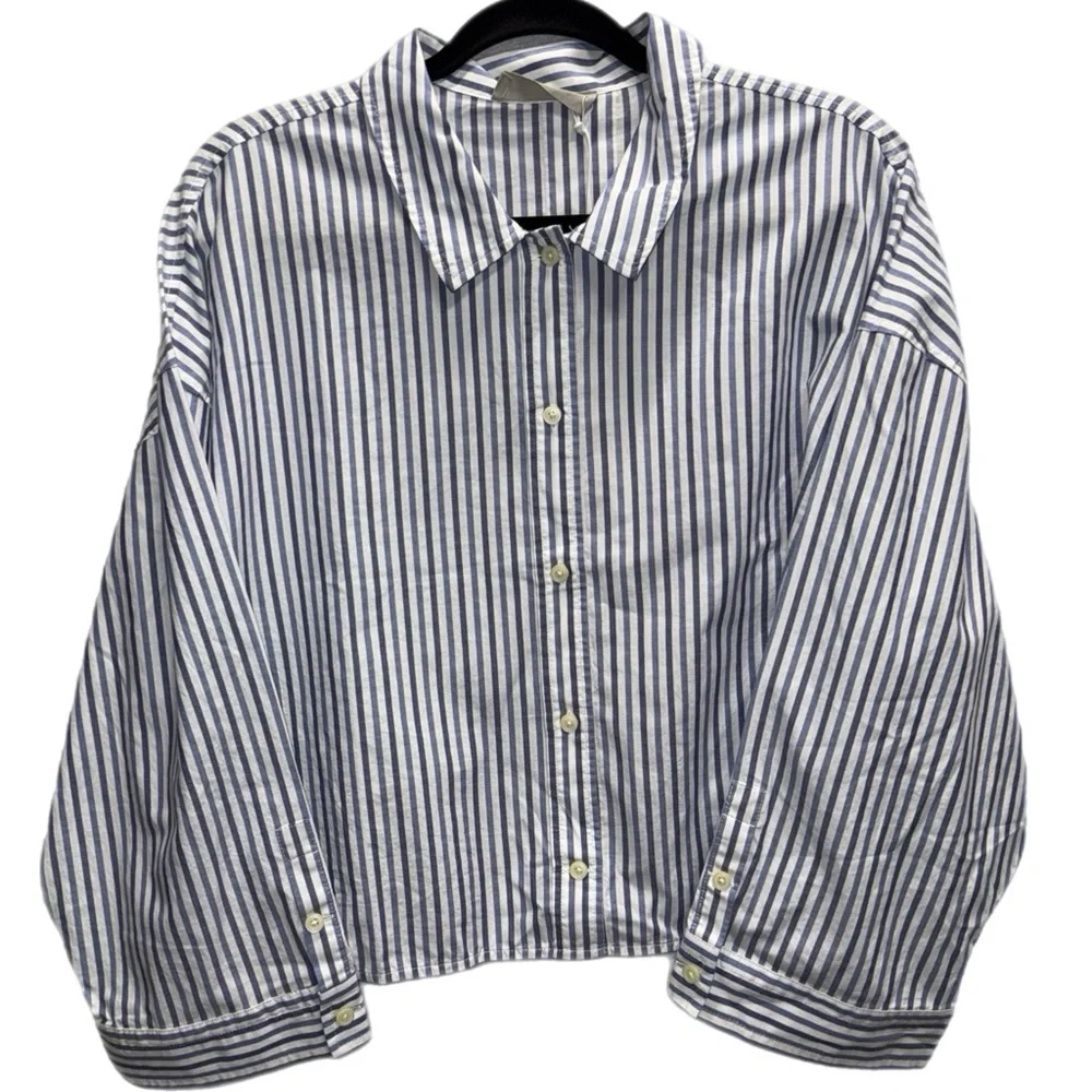 Everlane - Blue & White Striped Button-Up Classic Cotton Top - Size Large - Picture 2 of 7